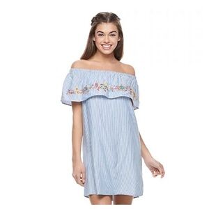 - Love Fire Floral Embroidered Off the Shoulder Blue White Striped Dress
